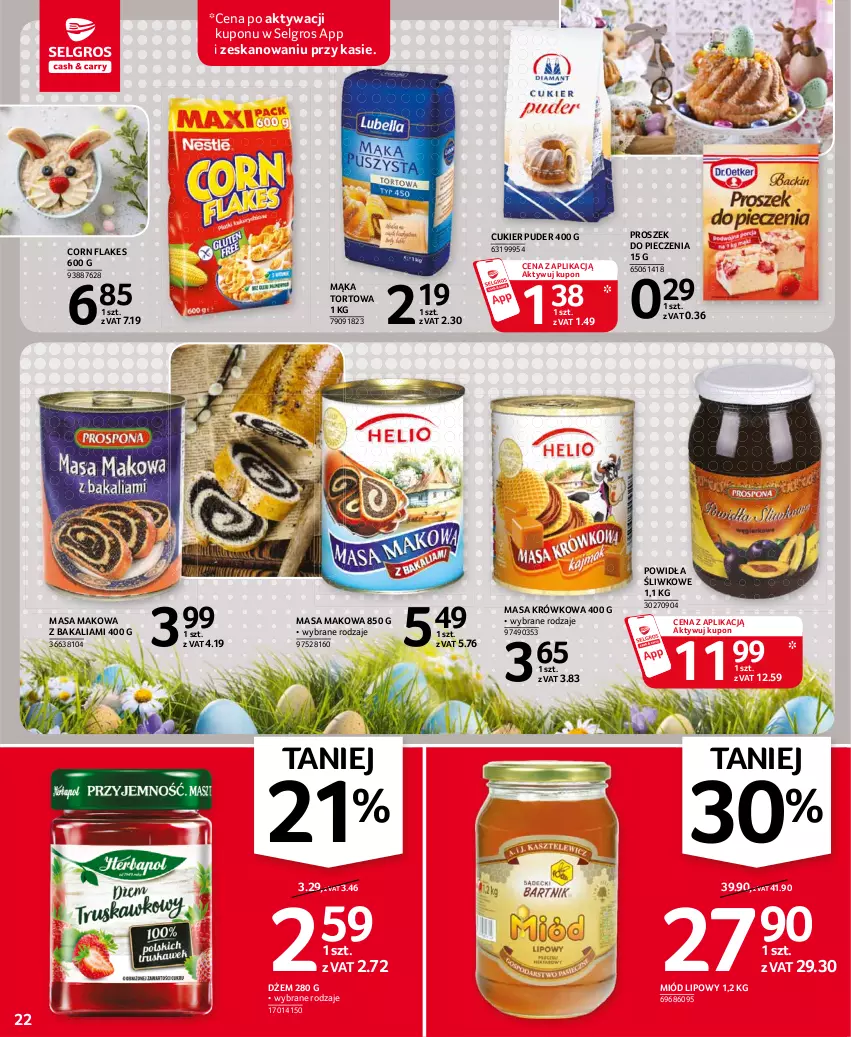 Gazetka promocyjna Selgros - Oferta spożywcza - ważna 25.03 do 05.04.2021 - strona 22 - produkty: Corn flakes, Cukier, Cukier puder, Dżem, LG, Mąka, Mąka tortowa, Masa krówkowa, Miód, Piec, Proszek do pieczenia, Puder