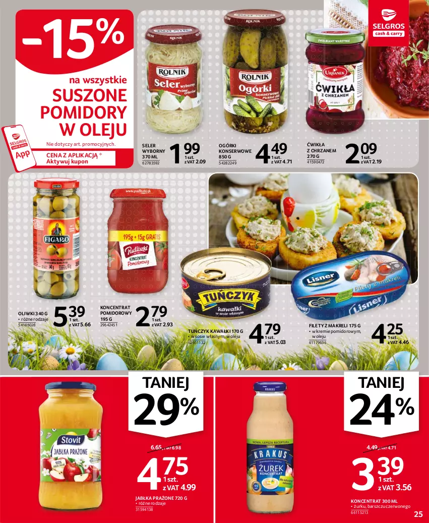 Gazetka promocyjna Selgros - Oferta spożywcza - ważna 25.03 do 05.04.2021 - strona 25 - produkty: Chrzan, Jabłka, Jabłka prażone, Kawa, Koncentrat pomidorowy, Ogórki konserwowe, Olej, Oliwki, Pomidory, Ser, Sos, Suszone pomidory, Tuńczyk