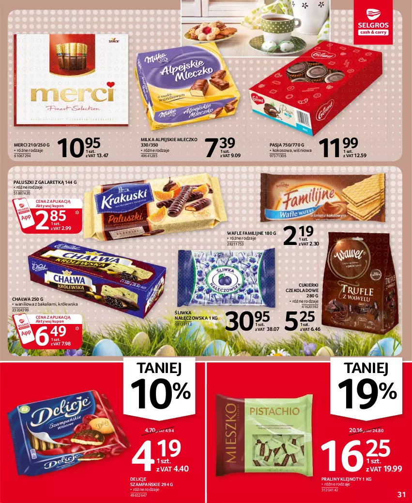 Gazetka promocyjna Selgros - Oferta spożywcza - ważna 25.03 do 05.04.2021 - strona 31 - produkty: Chałwa, Cukier, Cukierki, Cukierki czekoladowe, Delicje, Fa, Gala, Klej, Kokos, Merci, Milka, Mleczko, Praliny, Wafle