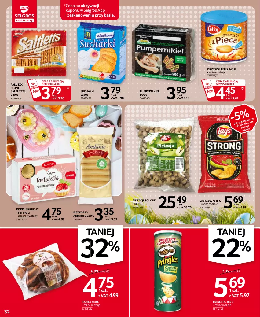 Gazetka promocyjna Selgros - Oferta spożywcza - ważna 25.03 do 05.04.2021 - strona 32 - produkty: Babka, Biszkopty, Deser, Felix, Lay’s, LG, Orzeszki, Pistacje, Pringles, Ser