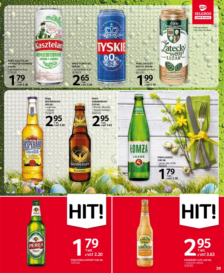 Gazetka promocyjna Selgros - Oferta spożywcza - ważna 25.03 do 05.04.2021 - strona 39 - produkty: Desperados, Kasztelan, Perła, Piwo, Por, Somersby, Tyskie