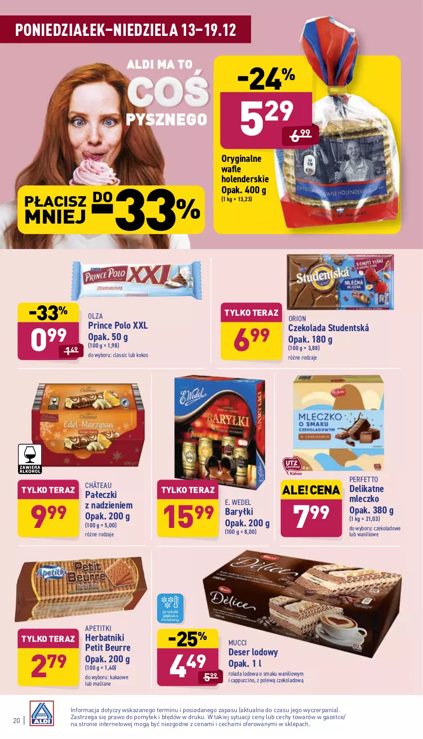 Gazetka promocyjna Aldi - Pełny katalog - ważna 13.12 do 19.12.2021 - strona 20 - produkty: Baryłki, Cappuccino, Czekolada, Deser, E. Wedel, Gin, Herbatniki, Herbatniki Petit Beurre, Kakao, Kokos, Mleczko, Prince Polo, Rolada, Ser, Tera, Wafle