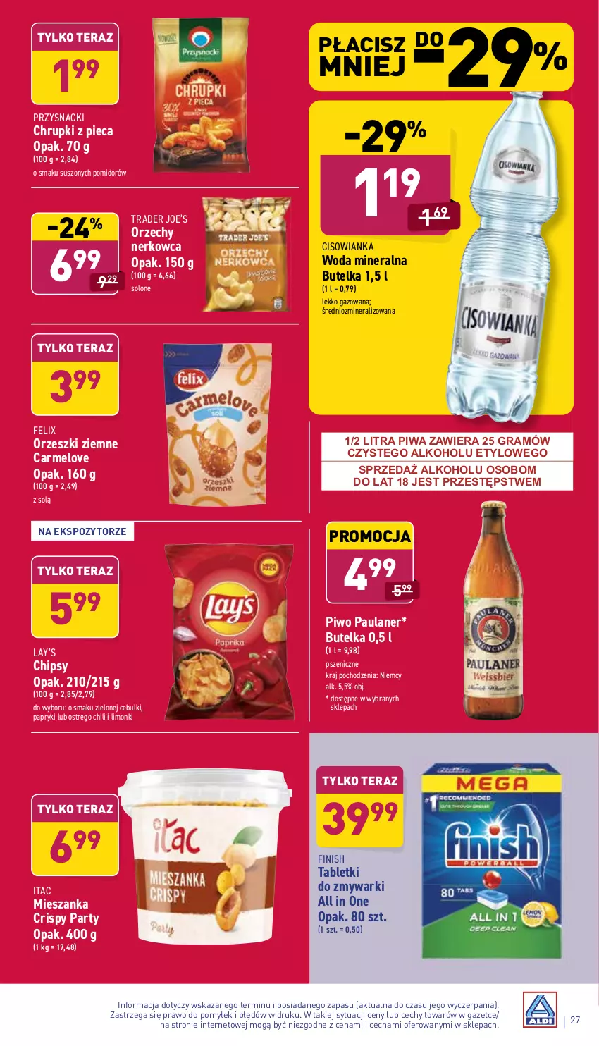 Gazetka promocyjna Aldi - Pełny katalog - ważna 13.12 do 19.12.2021 - strona 27 - produkty: Chipsy, Chrupki, Cisowianka, Felix, Finish, Gra, Lay’s, Orzeszki, Orzeszki ziemne, Piec, Piwa, Piwo, Przysnacki, Tablet, Tabletki do zmywarki, Tera, Woda, Woda mineralna, Zmywarki