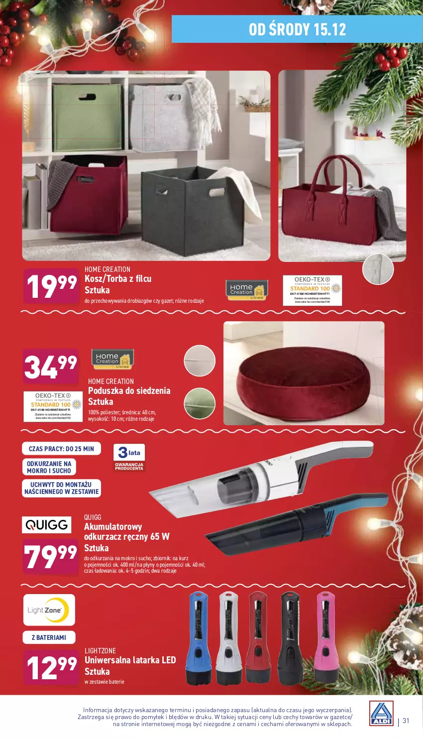 Gazetka promocyjna Aldi - Pełny katalog - ważna 13.12 do 19.12.2021 - strona 31 - produkty: Akumulator, Bateria, Kosz, Latarka, Latarka LED, Odkurzacz, Poduszka, Sok, Tarka, Torba