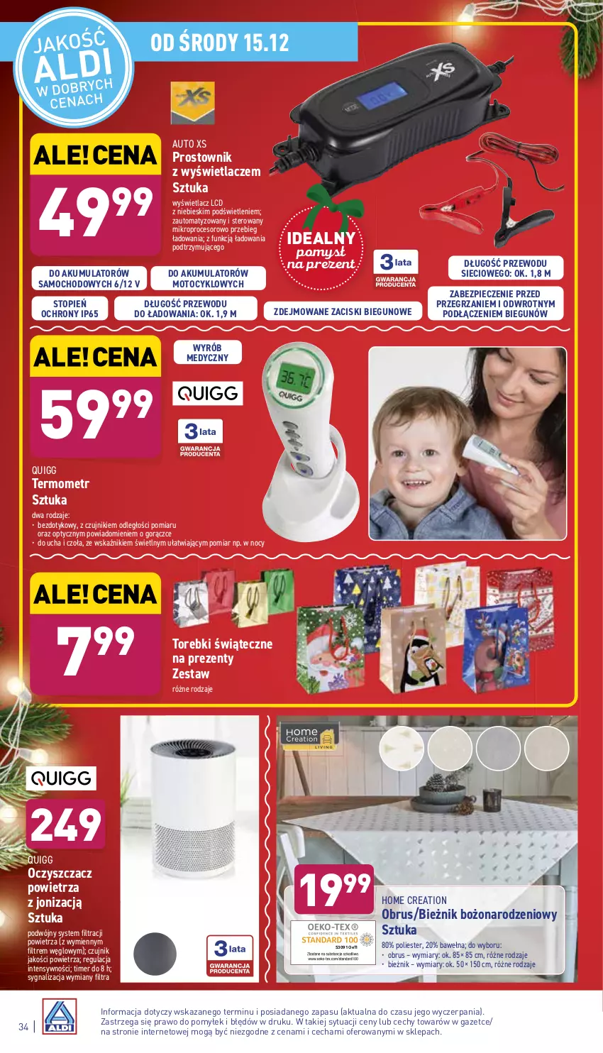 Gazetka promocyjna Aldi - Pełny katalog - ważna 13.12 do 19.12.2021 - strona 34 - produkty: Akumulator, Bieżnik, Obrus, Oczyszczacz powietrza, Piec, Procesor, Prostownik, Termometr, Top, Wełna