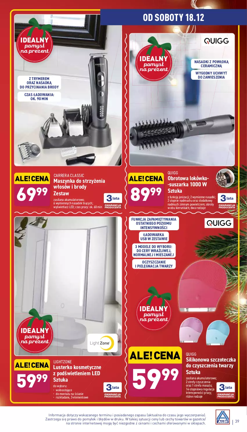 Gazetka promocyjna Aldi - Pełny katalog - ważna 13.12 do 19.12.2021 - strona 39 - produkty: Akumulator, Carrera, Fa, LANA, Lusterko kosmetyczne, Maszynka, Silan, Suszarka, Szczoteczka, Szynka, Top, Warka