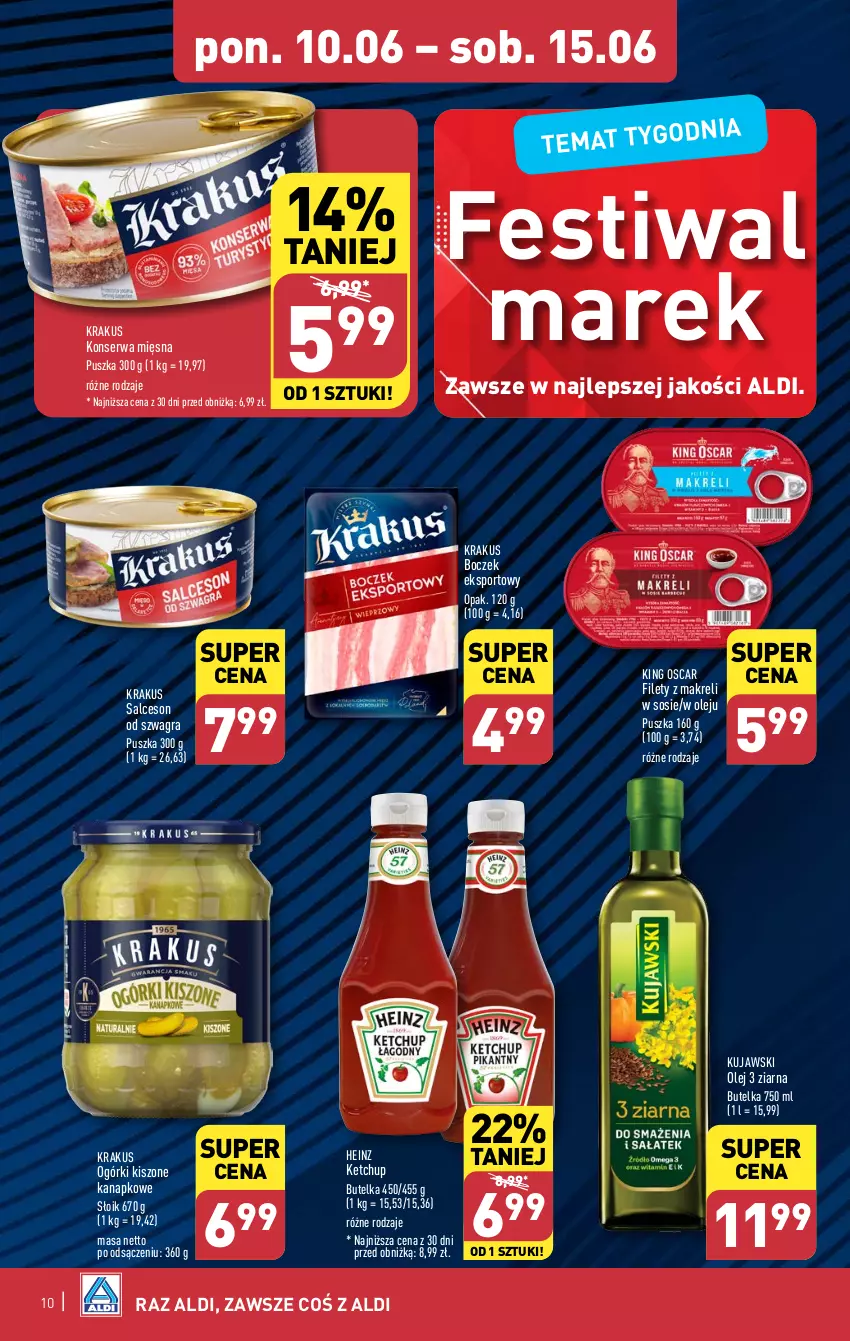 Gazetka promocyjna Aldi - Pełna oferta - ważna 10.06 do 15.06.2024 - strona 10 - produkty: Boczek, Gra, Heinz, Ketchup, Krakus, Kujawski, Olej, Por, Salceson, Ser, Sos, Sport