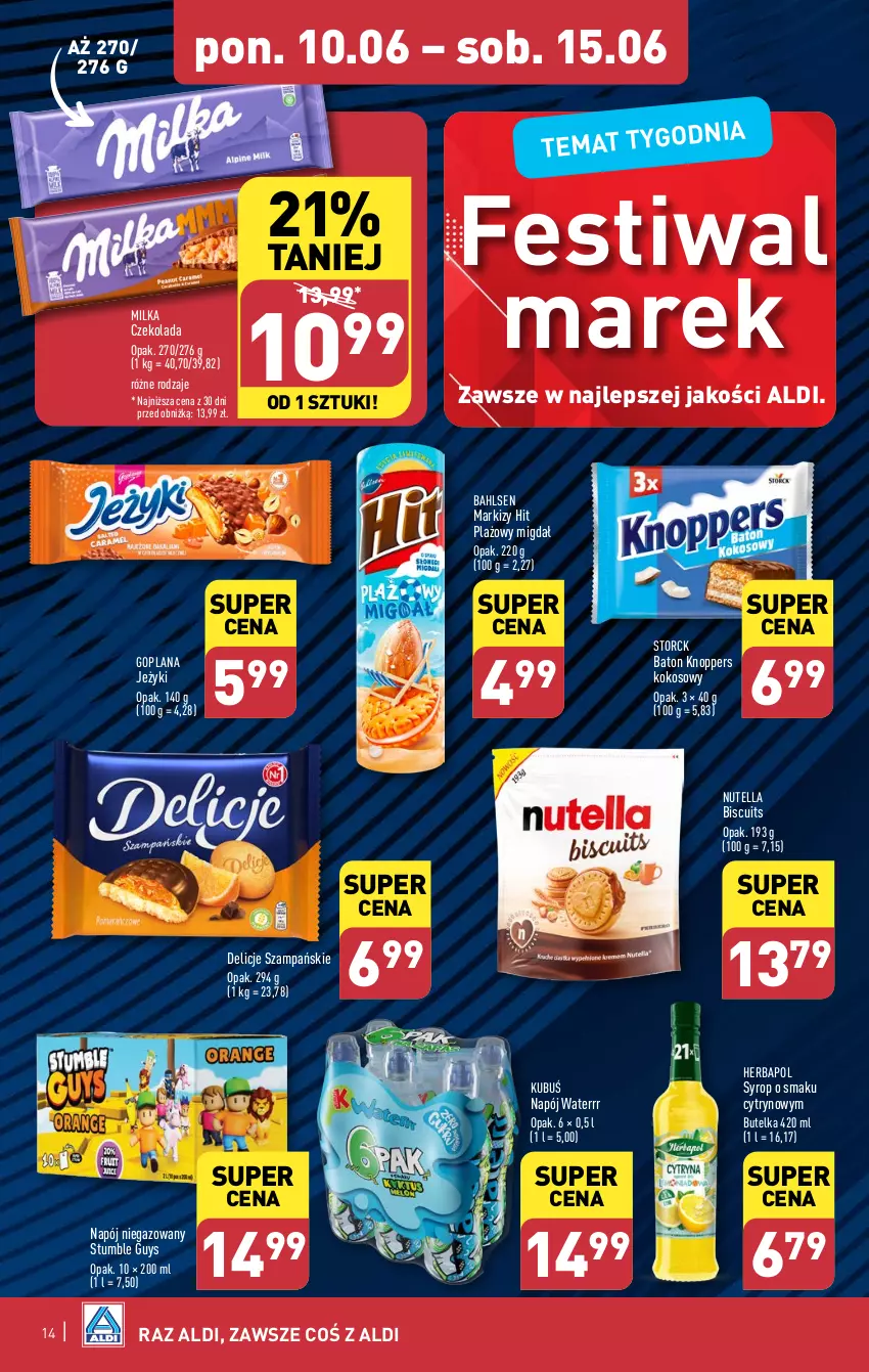 Gazetka promocyjna Aldi - Pełna oferta - ważna 10.06 do 15.06.2024 - strona 14 - produkty: Baton, Czekolada, Delicje, Goplana, Herbapol, Jeżyki, Knoppers, Kokos, Kubuś, LANA, Milka, Napój, Napój niegazowany, Nutella, Syrop