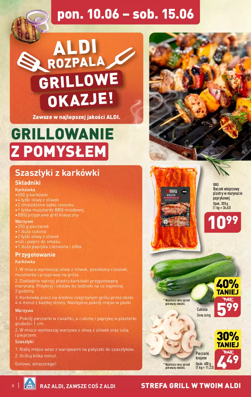 Gazetka promocyjna Aldi - Pełna oferta - ważna 10.06 do 15.06.2024 - strona 8 - produkty: Boczek, Boczek wieprzowy, Czosnek, Fa, Grill, Mięso, Mus, Papryka, Papryka czerwona, Piec, Pieczarki krojone, Pieprz, Plasterki, Sól, Warzywa