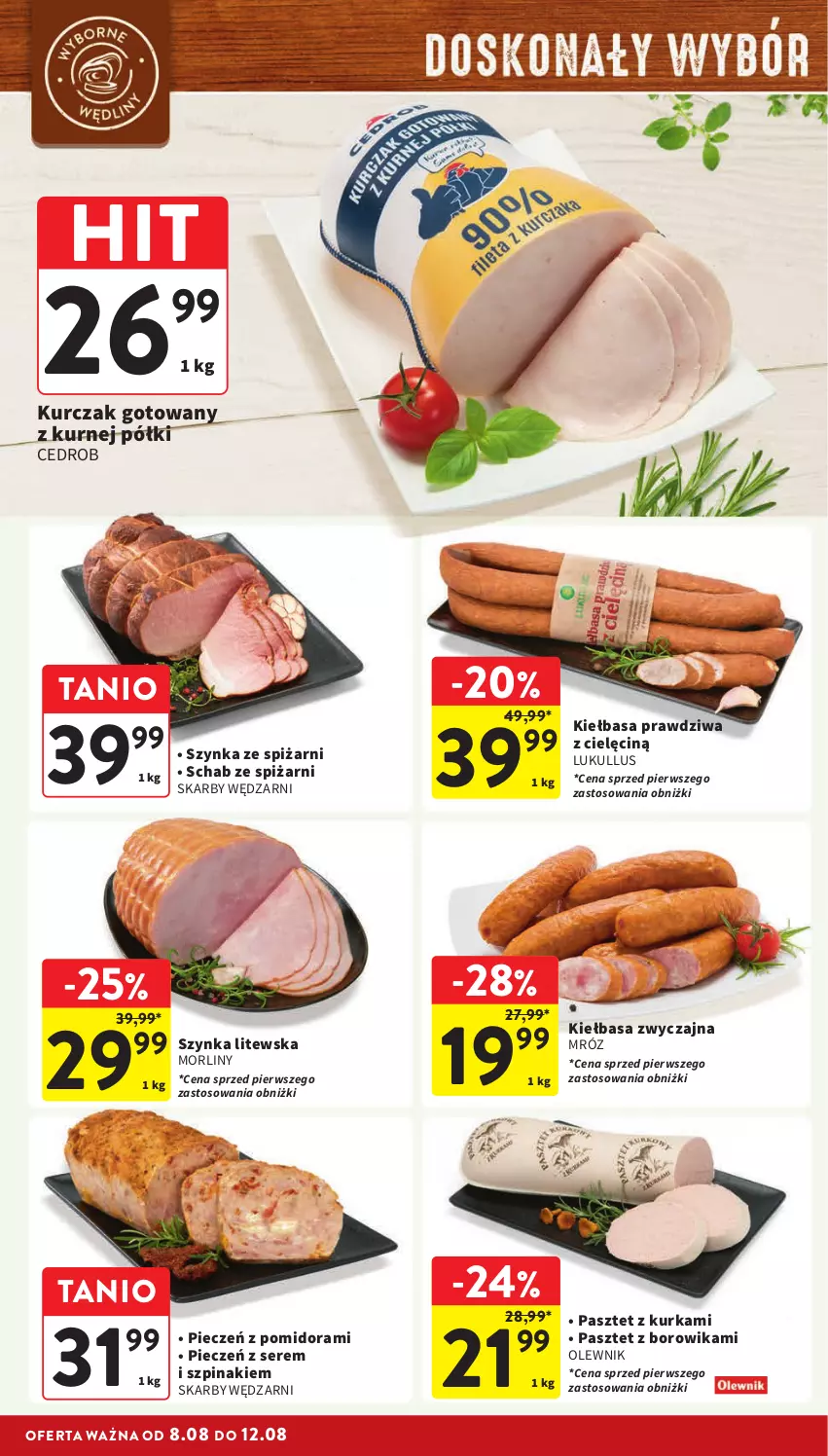 Gazetka promocyjna Intermarche - Gazetka Intermarche - ważna 08.08 do 12.08.2024 - strona 14 - produkty: Kiełbasa, Kurczak, Kurczak gotowany, Morliny, Olewnik, Pasztet, Piec, Ser, Szpinak, Szynka