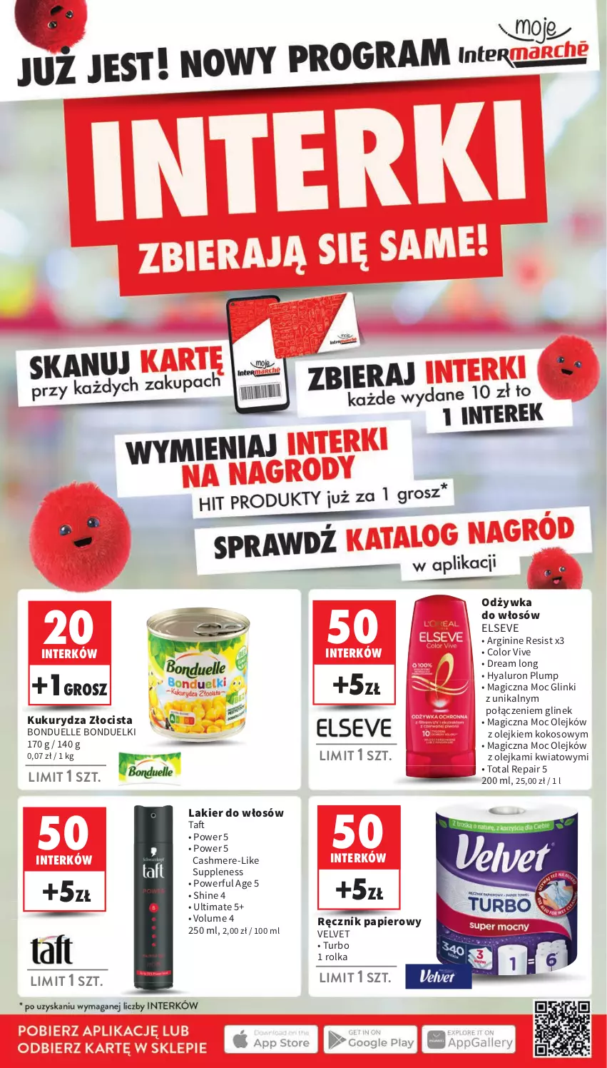 Gazetka promocyjna Intermarche - Gazetka Intermarche - ważna 08.08 do 12.08.2024 - strona 2 - produkty: Bonduelle, Elseve, Gin, Kokos, Kukurydza, Lakier, Lakier do włosów, Odżywka, Olej, Papier, Ręcznik, Taft, Velvet