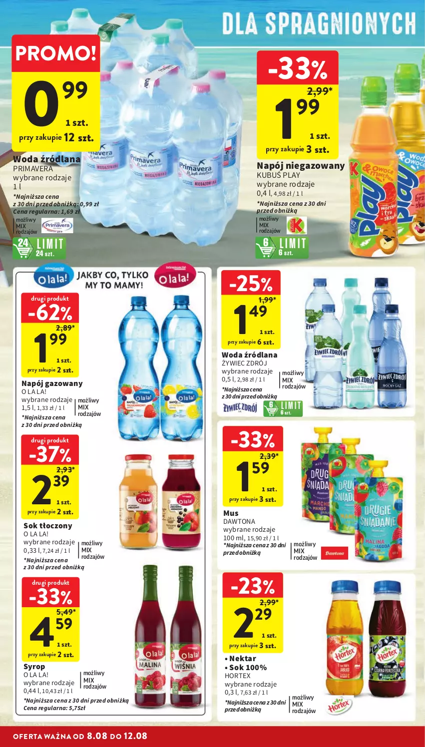 Gazetka promocyjna Intermarche - Gazetka Intermarche - ważna 08.08 do 12.08.2024 - strona 28 - produkty: Dawtona, Hortex, Kubuś, LANA, Mus, Napój, Napój gazowany, Napój niegazowany, Nektar, Prima, Primavera, Sok, Syrop, Woda