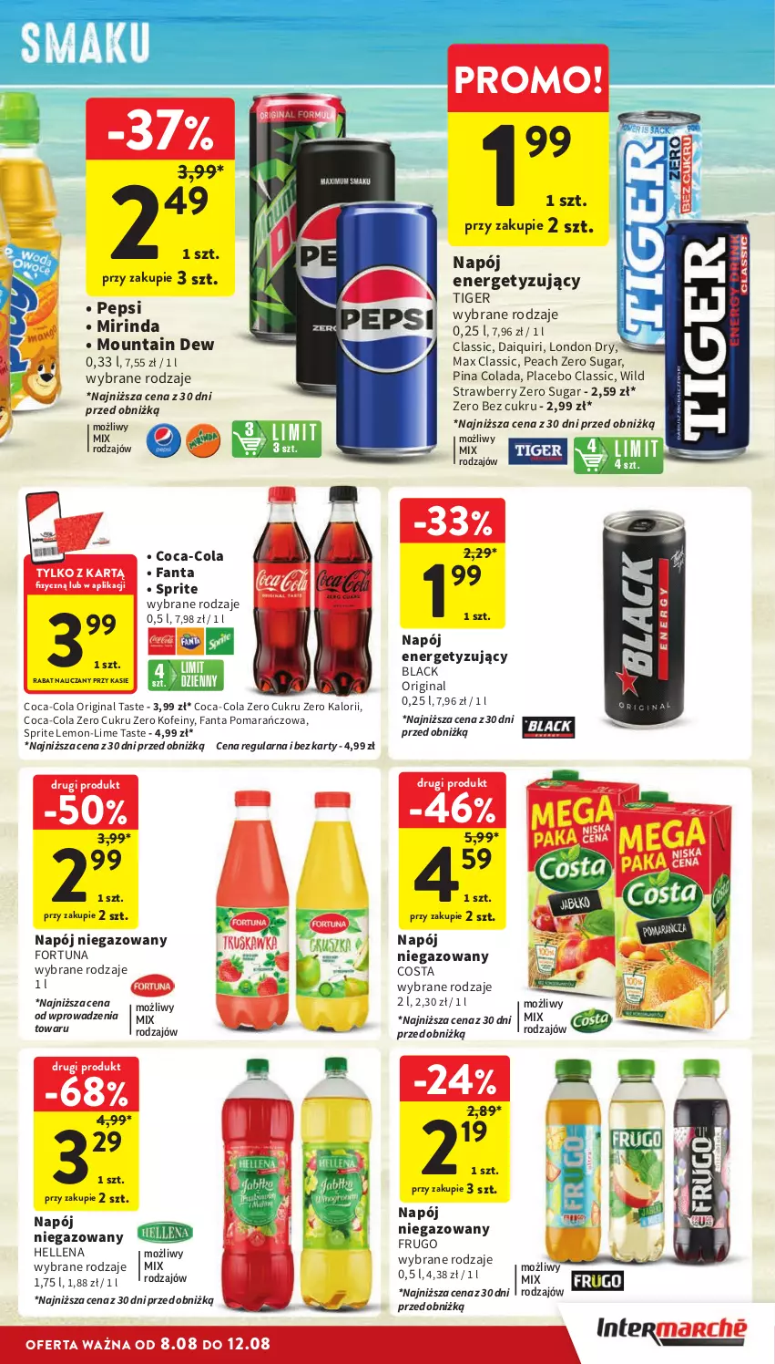 Gazetka promocyjna Intermarche - Gazetka Intermarche - ważna 08.08 do 12.08.2024 - strona 29 - produkty: Coca-Cola, Fa, Fanta, Fortuna, Gin, Hellena, Lack, Mirinda, Napój, Napój niegazowany, Pepsi, Sprite, Tiger