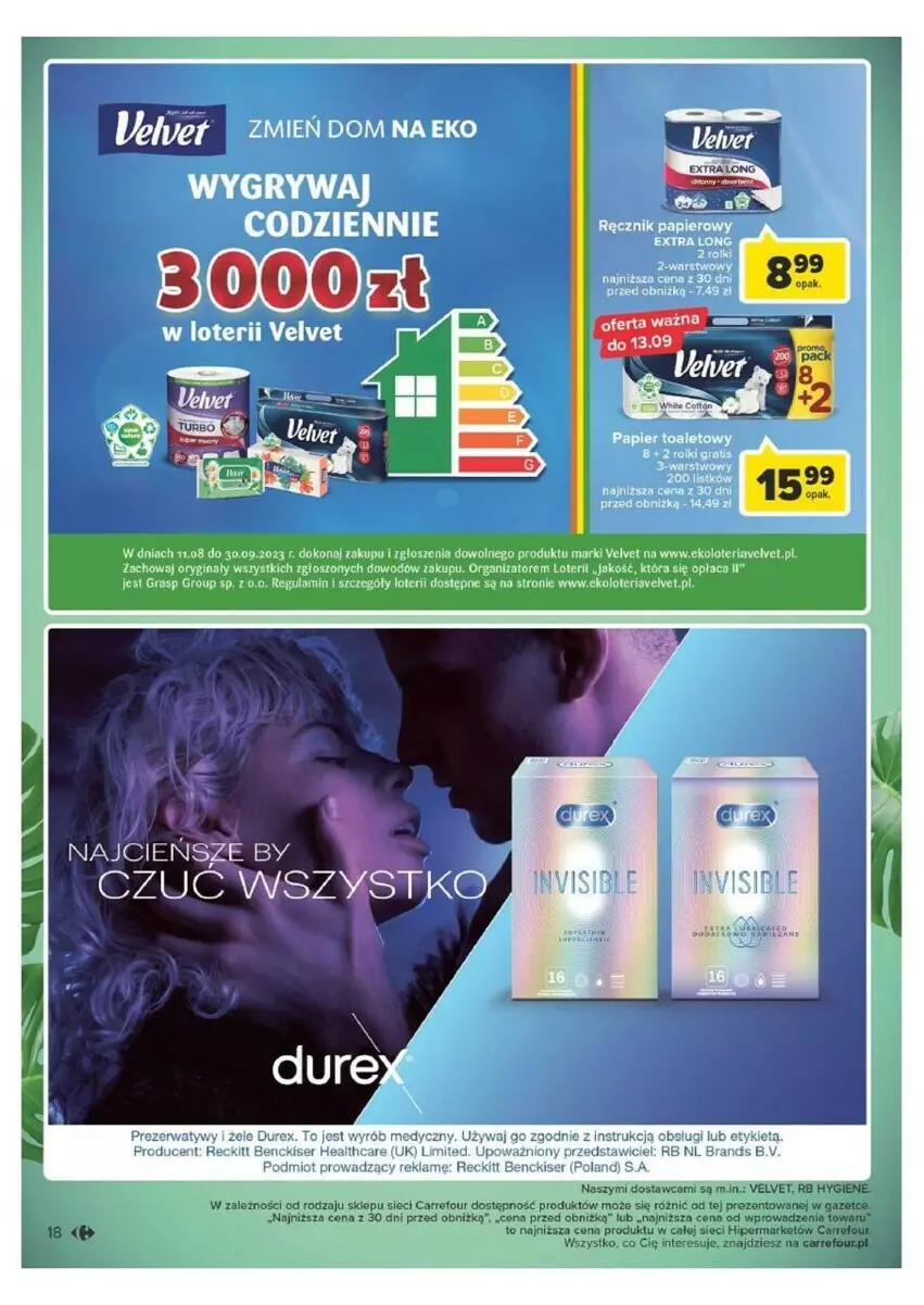 Gazetka promocyjna Carrefour - ważna 12.09 do 23.09.2023 - strona 10 - produkty: Cień, Durex, Fa, Gin, Gra, Gry, Papier, Papier toaletowy, Prezerwatyw, Rolki, Ser, Velvet