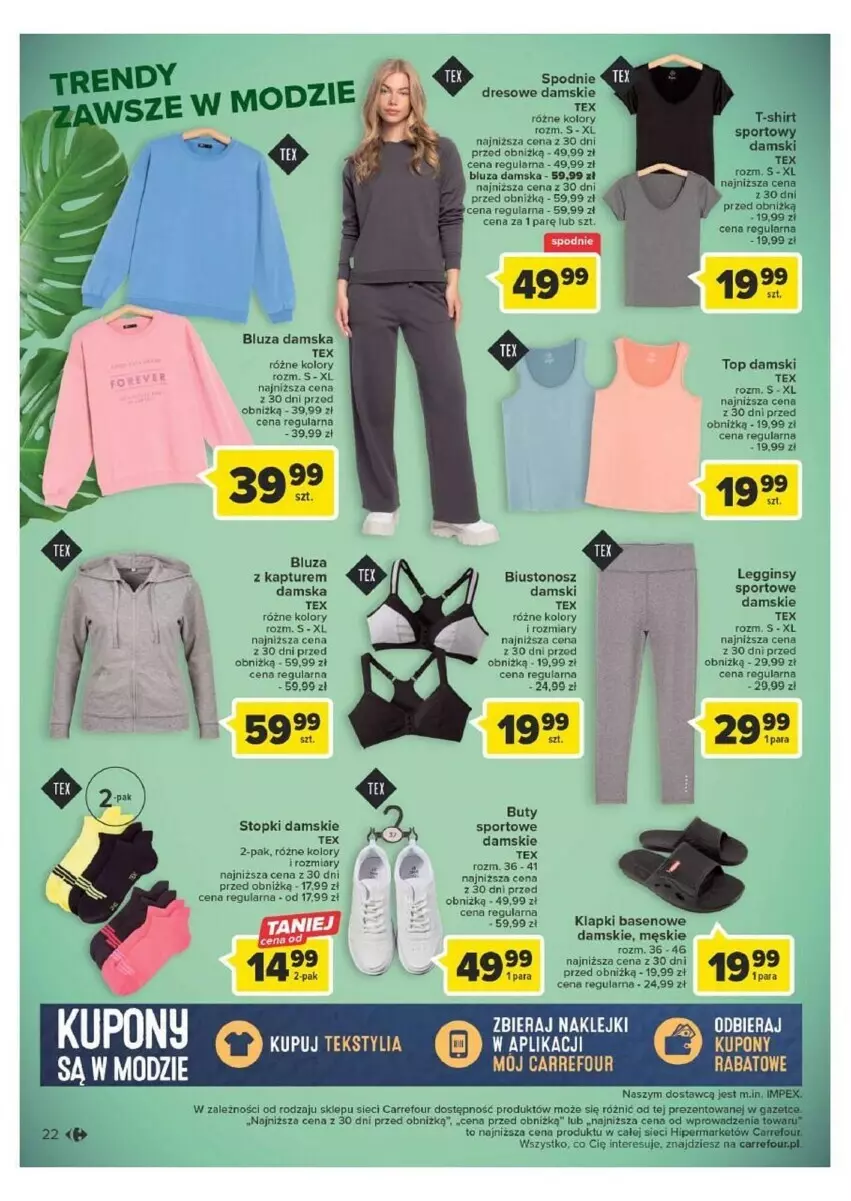 Gazetka promocyjna Carrefour - ważna 12.09 do 23.09.2023 - strona 15 - produkty: Biustonosz, Bluza, Bluza z kapturem, Buty, Dres, Gin, Klapki, Legginsy, Por, Spodnie, Spodnie dresowe, Sport, T-shirt, Top