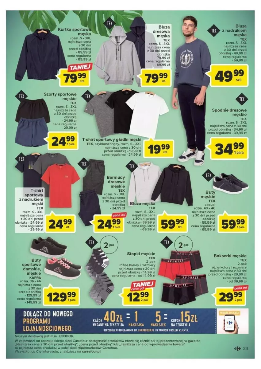 Gazetka promocyjna Carrefour - ważna 12.09 do 23.09.2023 - strona 16 - produkty: Bermudy, Bluza, Bokserki, Buty, Dres, Klej, Por, Ser, Spodnie, Spodnie dresowe, Sport, Szorty, T-shirt, Top