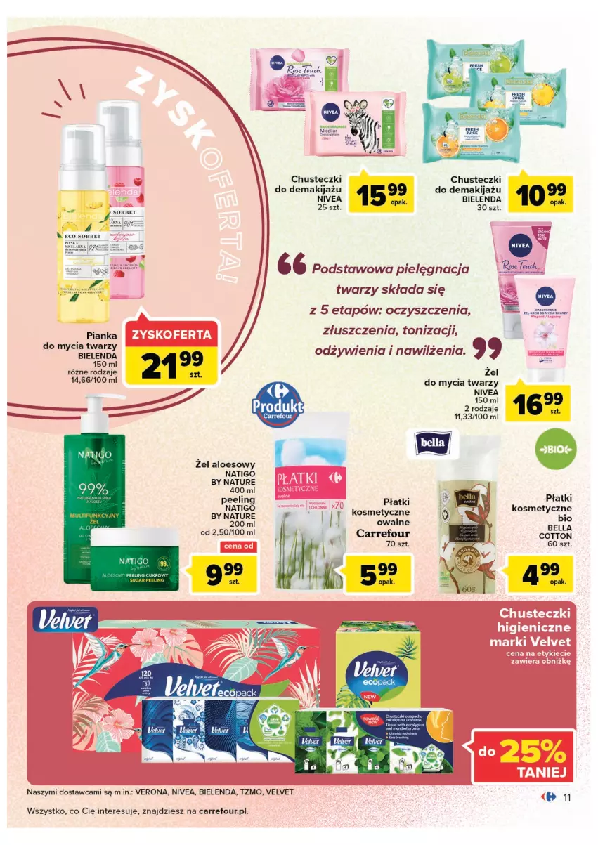 Gazetka promocyjna Carrefour - Gazetka Jesienna uroda pełna uroku - ważna 13.09 do 24.09.2022 - strona 11 - produkty: Bell, Bella, Bielenda, Chusteczki, Makijaż, Nivea, Peeling, Pianka do mycia twarzy, Płatki kosmetyczne, Velvet