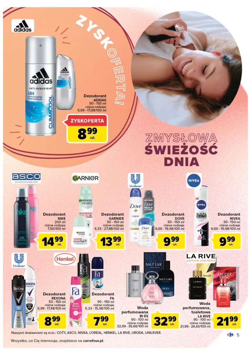 Gazetka promocyjna Carrefour - Gazetka Jesienna uroda pełna uroku - ważna 13.09 do 24.09.2022 - strona 5 - produkty: Adidas, Dezodorant, Dove, Garnier, La Rive, Lack, Nike, Nivea, Perfum, Woda, Woda perfumowana