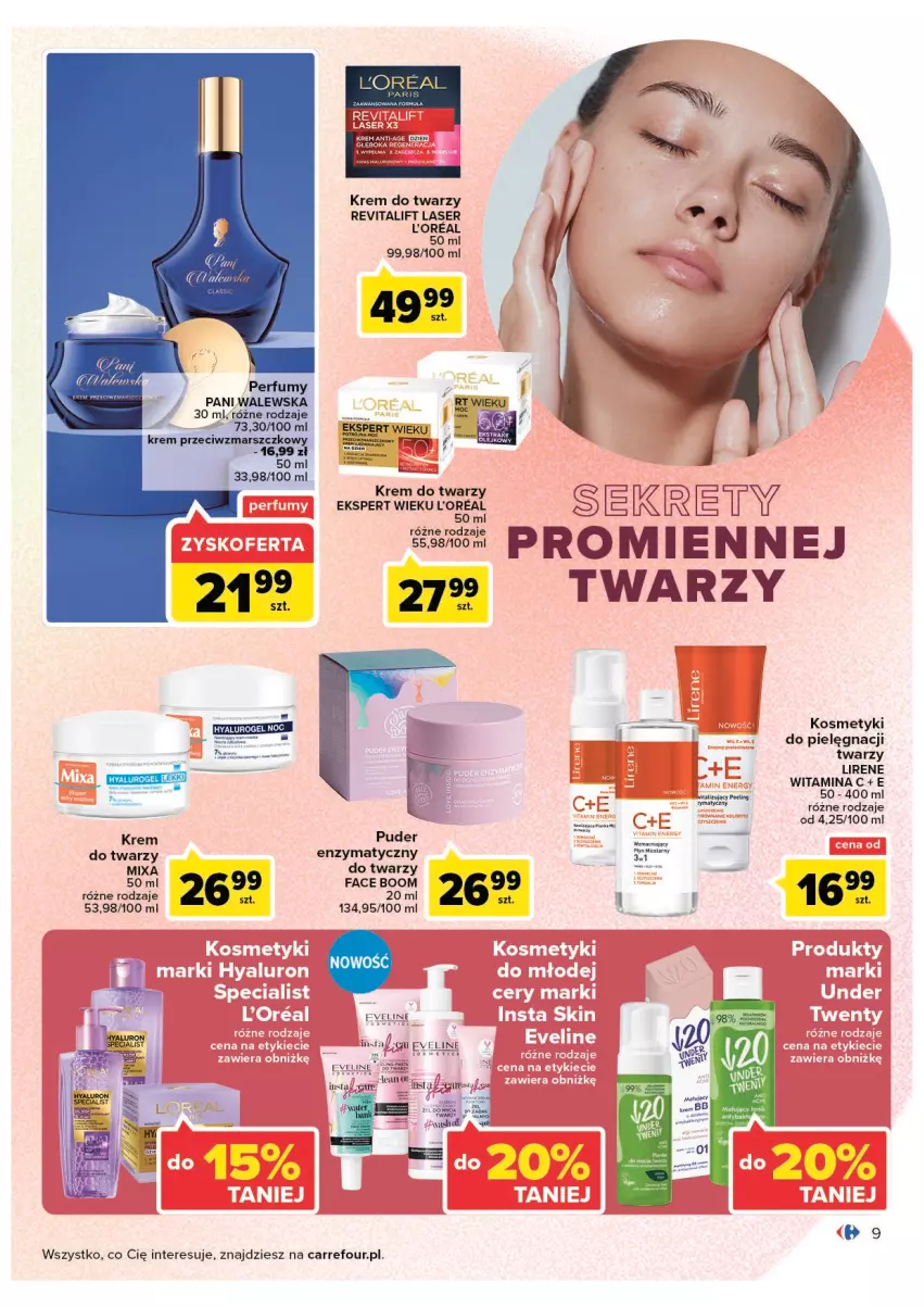 Gazetka promocyjna Carrefour - Gazetka Jesienna uroda pełna uroku - ważna 13.09 do 24.09.2022 - strona 9 - produkty: Eveline, Fa, Kosmetyki do pielęgnacji, Krem do twarzy, Krem przeciwzmarszczkowy, Kret, Lirene, Mars, Mixa, Perfum, Płyn micelarny, Puder, Ser