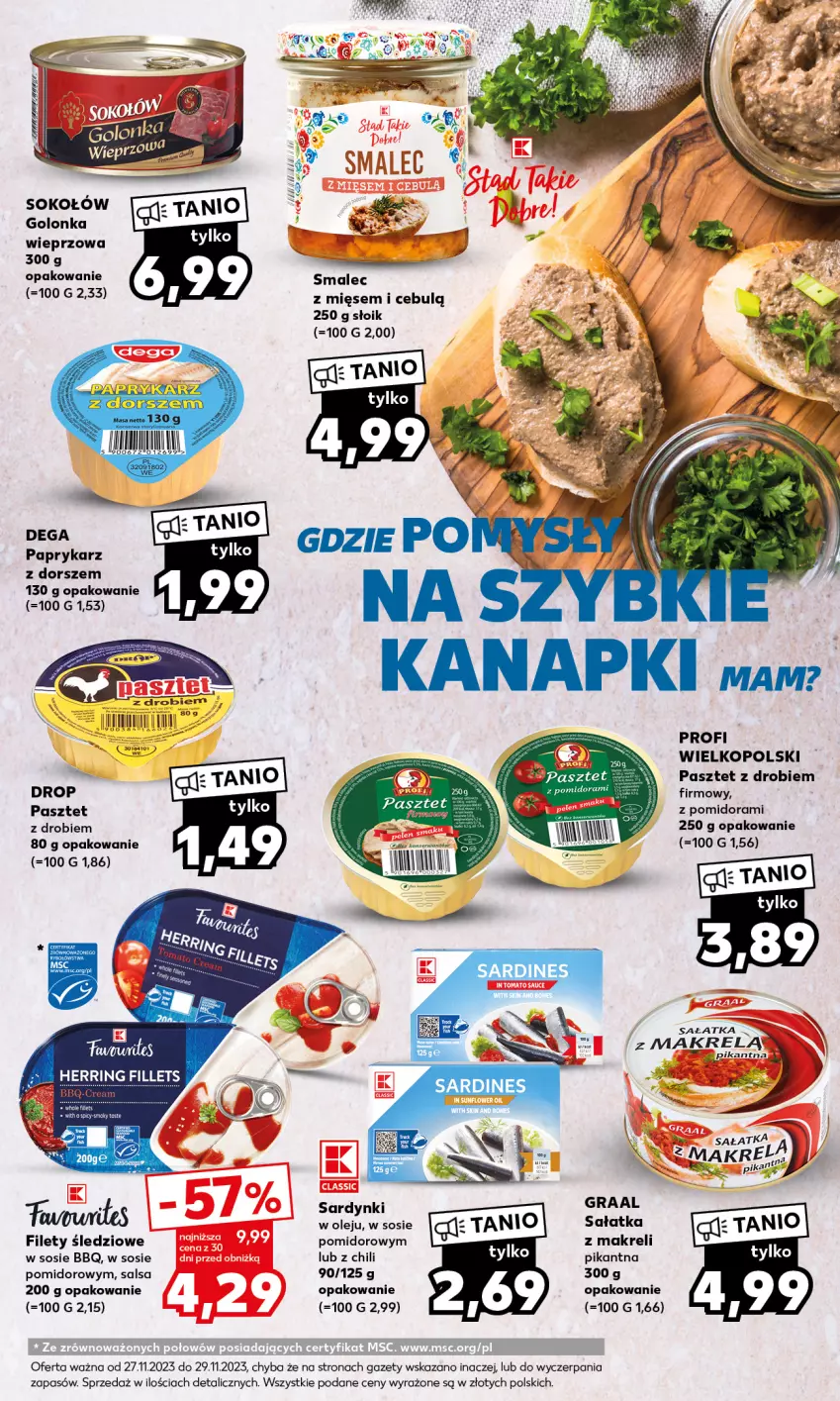 Gazetka promocyjna Kaufland - Mocny Start - ważna 27.11 do 29.11.2023 - strona 23 - produkty: Dega, Dorsz, Gra, Graal, Olej, Papryka, Paprykarz, Pasztet, Sałat, Sałatka, Salsa, Sardynki, Smalec, Sok, Sokołów, Sos