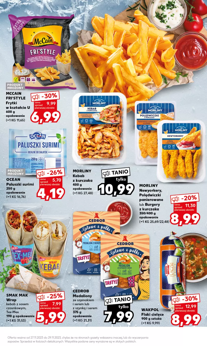 Gazetka promocyjna Kaufland - Mocny Start - ważna 27.11 do 29.11.2023 - strona 25 - produkty: Burger, Flaki, Frytki, Kebab, Kebab z kurczaka, Kurczak, Lion, McCain, Morliny, Polędwiczki panierowane, Sałat, Ser, Sos, Surimi, Szpinak