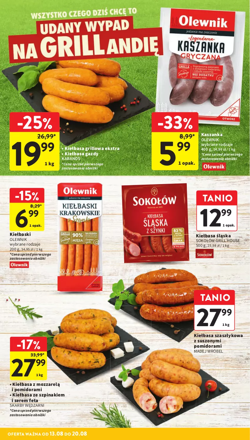Gazetka promocyjna Intermarche - Gazetka Intermarche - ważna 13.08 do 20.08.2025 - strona 10 - produkty: Feta, Grill, Kabanos, Kasza, Kaszanka, Kiełbasa, Kiełbasa śląska, Madej Wróbel, Olewnik, Ser, Sok, Sokołów, Szpinak