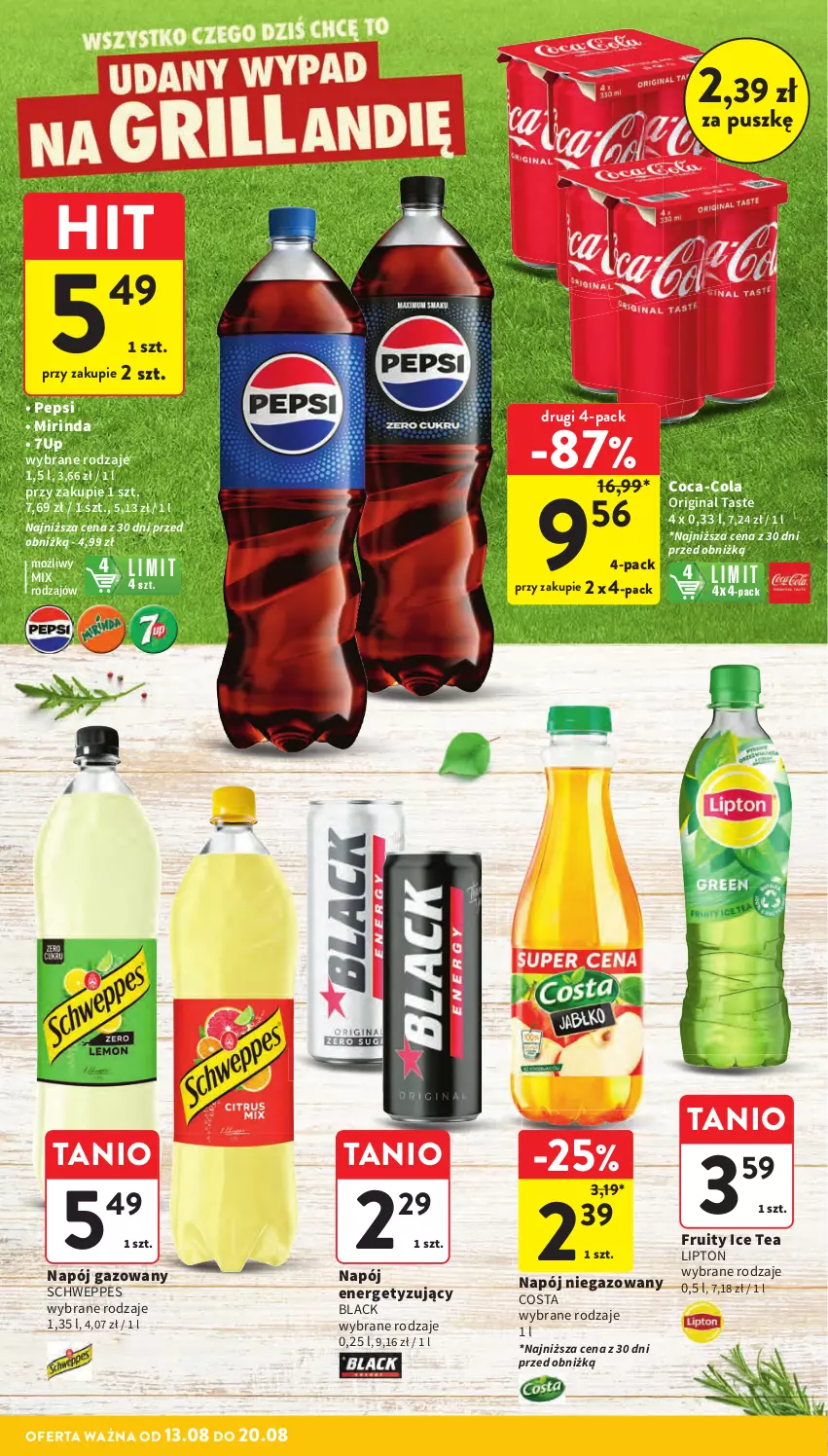 Gazetka promocyjna Intermarche - Gazetka Intermarche - ważna 13.08 do 20.08.2025 - strona 20 - produkty: 7up, Coca-Cola, Gin, Ice tea, Lack, Lipton, Mirinda, Napój, Napój gazowany, Napój niegazowany, Pepsi, Schweppes