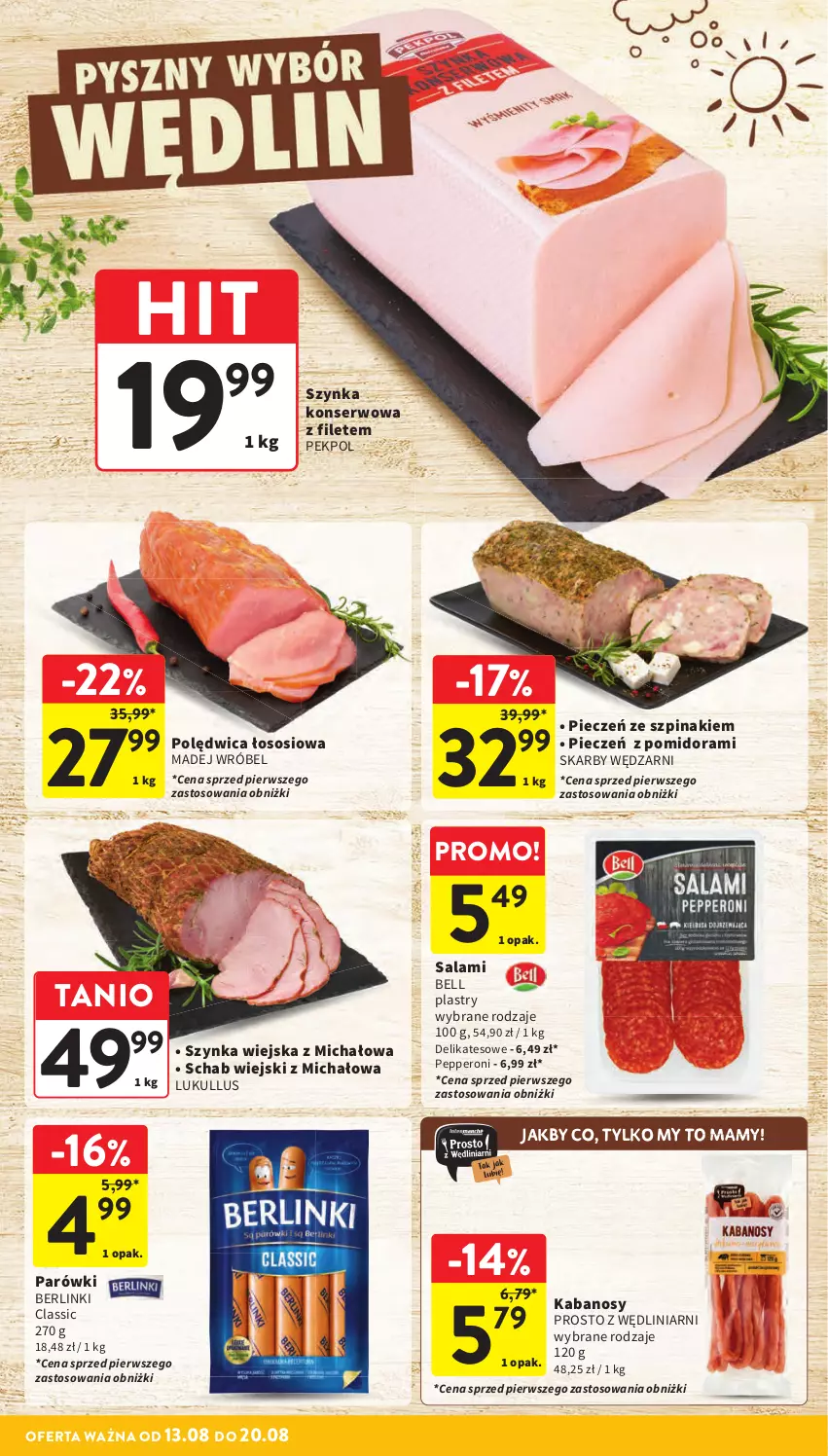 Gazetka promocyjna Intermarche - Gazetka Intermarche - ważna 13.08 do 20.08.2025 - strona 26 - produkty: Bell, Berlinki, Kabanos, Madej Wróbel, Parówki, Pekpol, Piec, Polędwica, Salami, Ser, Sos, Szpinak, Szynka, Szynka konserwowa