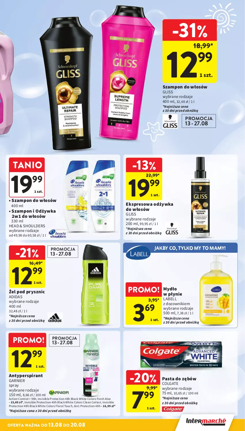 Gazetka promocyjna Intermarche - Gazetka Intermarche - ważna 13.08 do 20.08.2025 - strona 37 - produkty: Adidas, Antyperspirant, Bell, Colgate, Control, Dozownik, Flora, Garnier, Lack, LG, Mydło, Mydło w płynie, Odżywka, Pasta do zębów, Szampon