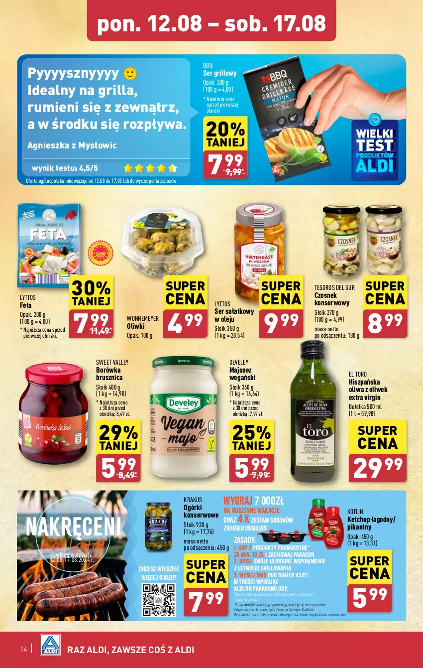 Gazetka promocyjna Aldi - Pełna oferta - ważna 12.08 do 17.08.2024 - strona 14 - produkty: Borówka, Borówka brusznica, Czosnek, Feta, Gin, Gra, Grill, Ketchup, Kosz, Kotlin, Krakus, Majonez, Olej, Oliwa z oliwek, Oliwki, Rum, Sałat, Ser