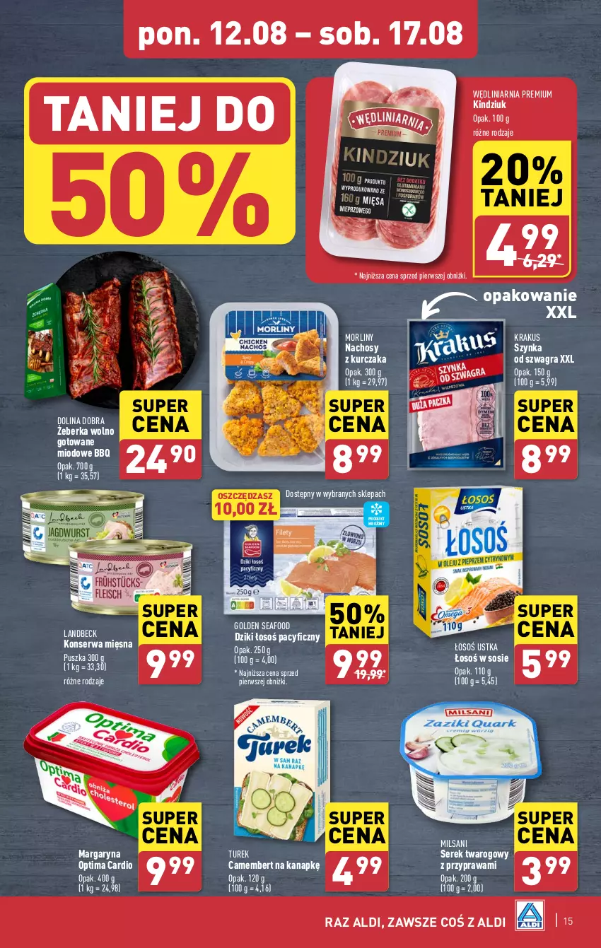 Gazetka promocyjna Aldi - Pełna oferta - ważna 12.08 do 17.08.2024 - strona 15 - produkty: Camembert, Golden Seafood, Gra, Kindziuk, Krakus, Kurczak, Margaryna, Morliny, Optima, Optima Cardio, Ser, Serek, Serek twarogowy, Sos, Szynka