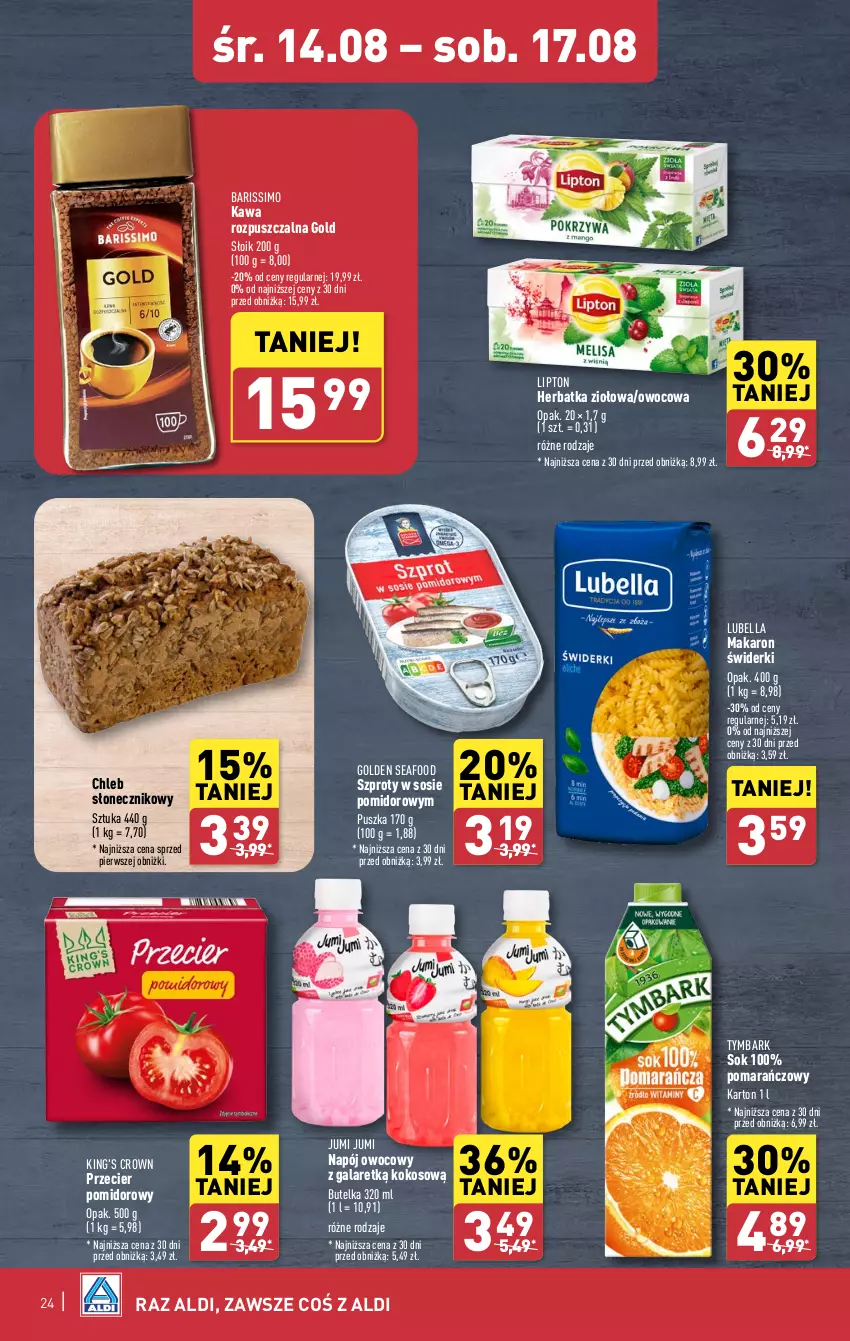 Gazetka promocyjna Aldi - Pełna oferta - ważna 12.08 do 17.08.2024 - strona 24 - produkty: Bell, Bella, Chleb, Gala, Golden Seafood, Kawa, Kawa rozpuszczalna, Kokos, Lipton, Lubella, Makaron, Napój, Sok, Sos, Szprot, Tymbark