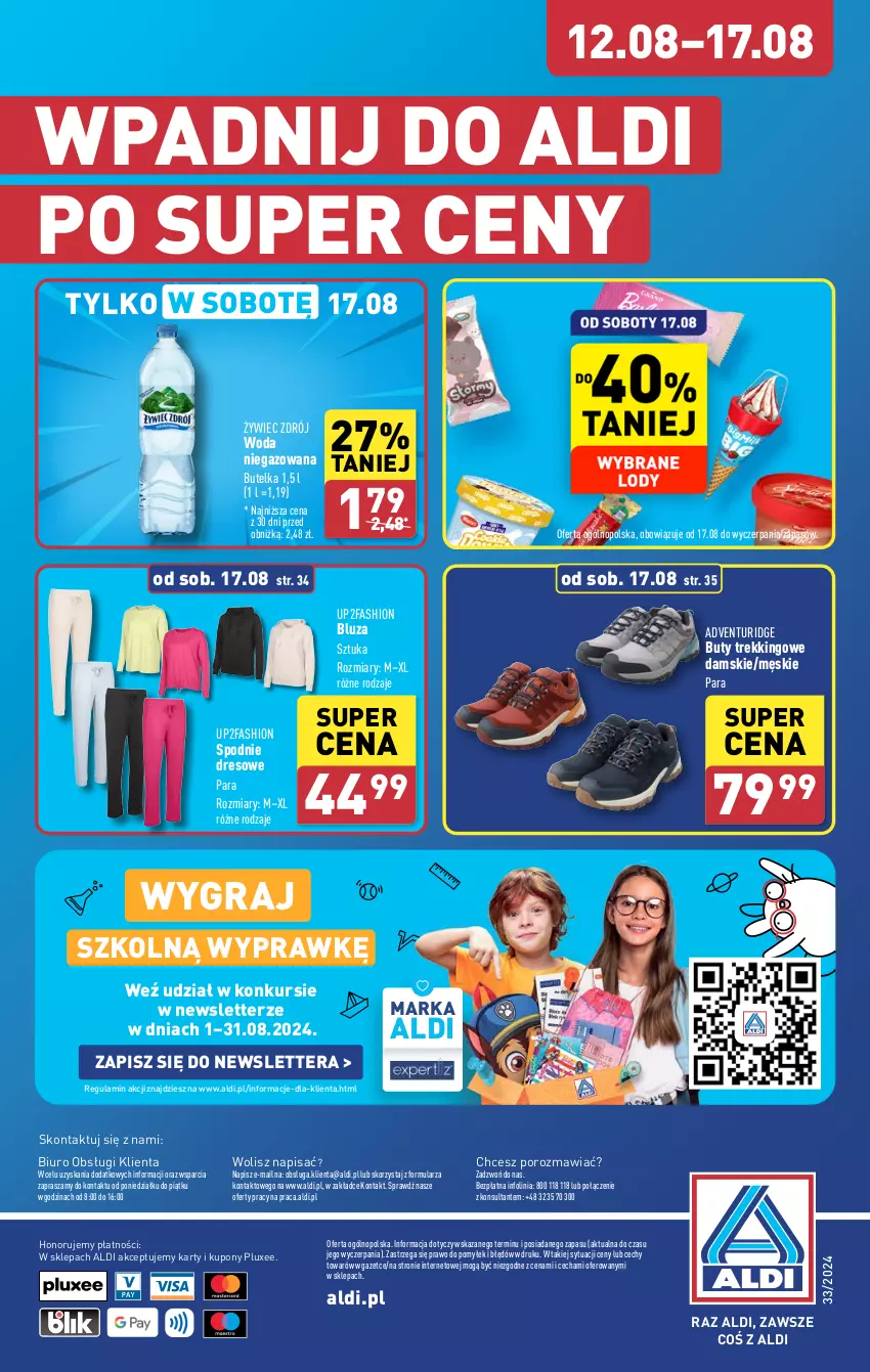 Gazetka promocyjna Aldi - Pełna oferta - ważna 12.08 do 17.08.2024 - strona 38 - produkty: Biuro, Bluza, Buty, Dres, Fa, Gra, O nas, Por, Spodnie, Spodnie dresowe, Tera, Woda, Woda niegazowana