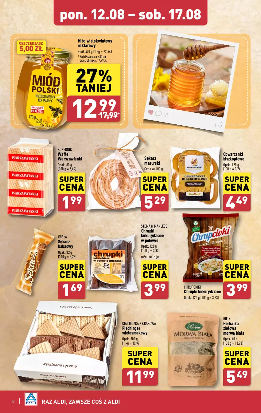 Gazetka promocyjna Aldi - Pełna oferta - ważna 12.08 do 17.08.2024 - strona 8 - produkty: Chrupki, Kakao, Miód, Nektar, Sękacz, Wafle