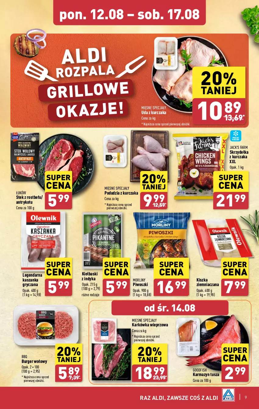 Gazetka promocyjna Aldi - Pełna oferta - ważna 12.08 do 17.08.2024 - strona 9 - produkty: Burger, Fa, Gry, Karkówka wieprzowa, Karmazyn tusza, Kasza, Kaszanka, Kurczak, Mięsne specjały, Morliny, Piwo, Rostbef, Skrzydełka z kurczaka, Stek, Tusz