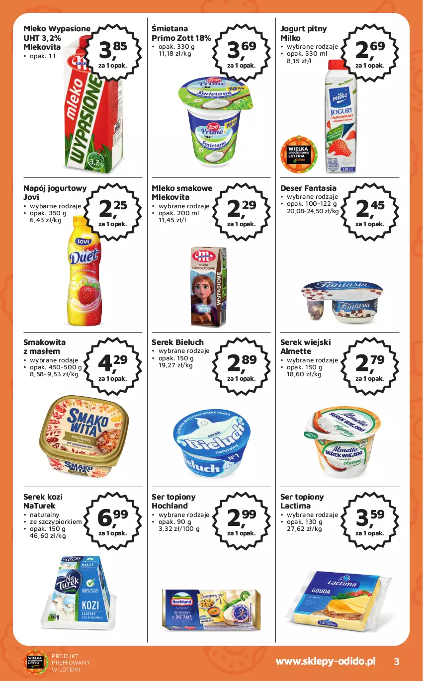 Gazetka promocyjna Odido - Gazetka - ważna 22.09 do 05.10.2023 - strona 3 - produkty: Almette, Bieluch, Deser, Fa, Fanta, Hochland, Jogurt, Jogurt pitny, Mleko, Mleko smakowe, Mlekovita, Napój, Napój jogurtowy, NaTurek, Ser, Ser topiony, Serek, Serek wiejski, Smakowita, Top, Zott