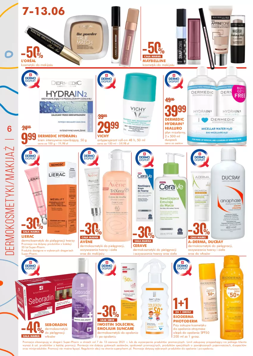 Gazetka promocyjna Super Pharm - Gazetka - ważna 07.06 do 13.06.2021 - strona 6 - produkty: Antyperspirant, Avène, CeraVe, Kosmetyki do pielęgnacji, L’Oréal, Lierac, Makijaż, Olej, Płyn micelarny, Ser, Vichy