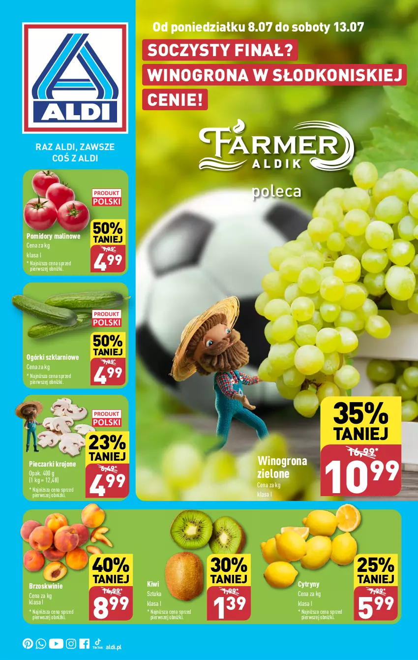 Gazetka promocyjna Aldi - Farmer ALDIK poleca świeże owoce i warzywa - ważna 08.07 do 13.07.2024 - strona 1 - produkty: Brzoskwinie, Cytryny, Kiwi, Piec, Pieczarki krojone, Pomidory, Wino, Winogrona