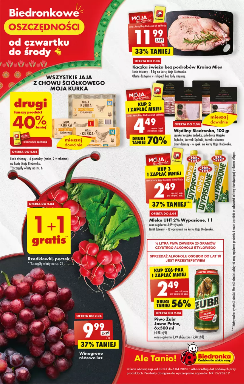 Gazetka promocyjna Biedronka - ważna 30.03 do 05.04.2023 - strona 1 - produkty: Boczek, Dron, Jaja, Kaczka, Mleko, Piwo, Polędwica, Sok, Szynka, Wino