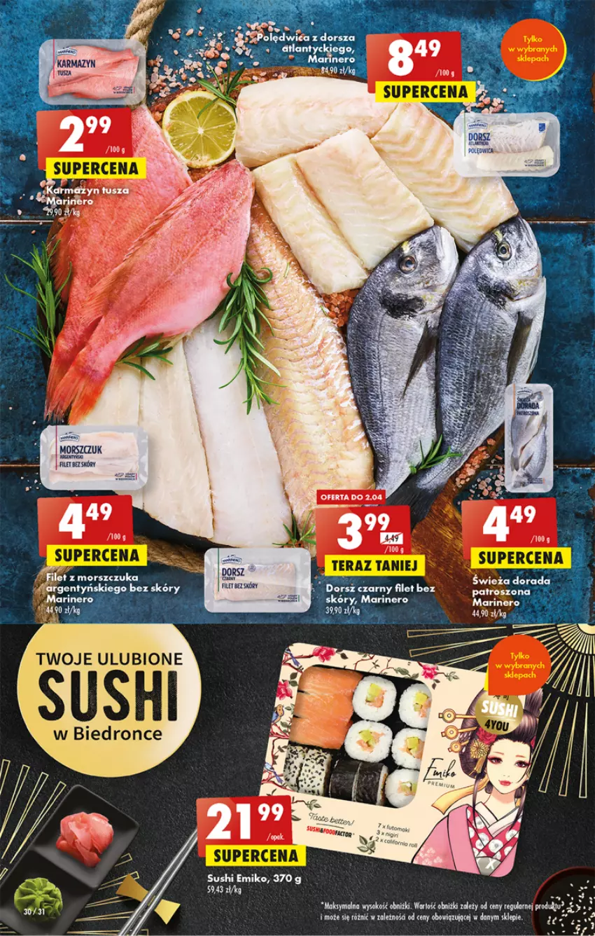 Gazetka promocyjna Biedronka - ważna 30.03 do 05.04.2023 - strona 30 - produkty: Dorsz, Dron, Fa, Filet z morszczuka, Sok, Sushi