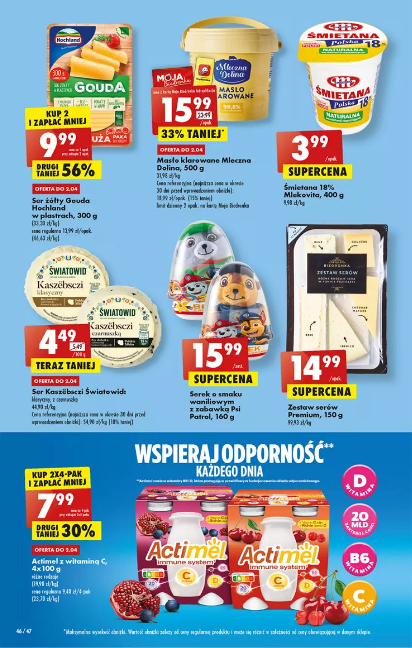 Gazetka promocyjna Biedronka - ważna 30.03 do 05.04.2023 - strona 46 - produkty: Actimel, Dron, Fa, Gouda, Hochland, Masło, Por, Ser