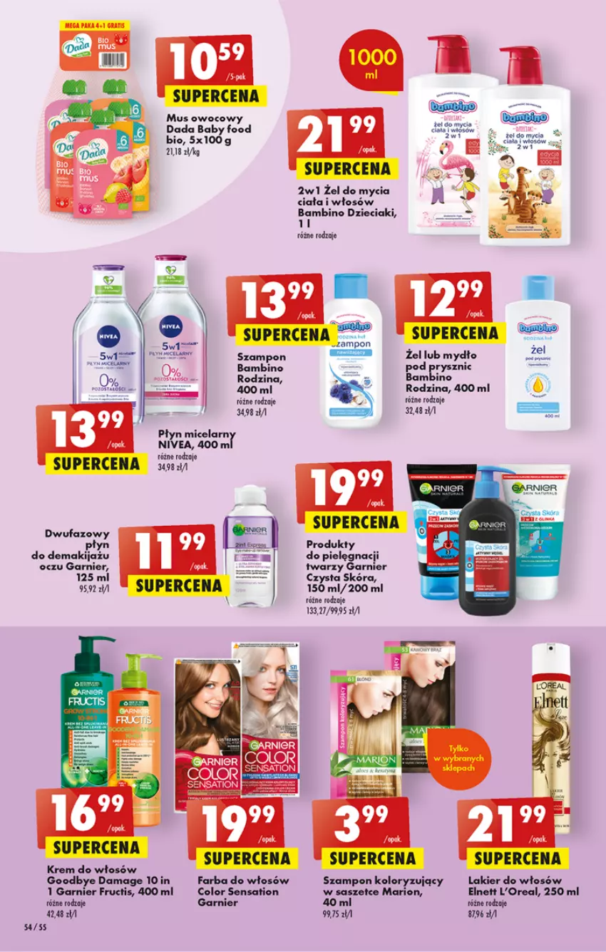 Gazetka promocyjna Biedronka - ważna 30.03 do 05.04.2023 - strona 54 - produkty: Dada, Dzieci, Fa, Farba do włosów, Fructis, Garnier, Lakier, Lakier do włosów, Makijaż, Mus, Mydło, Nivea, Sati, Szampon