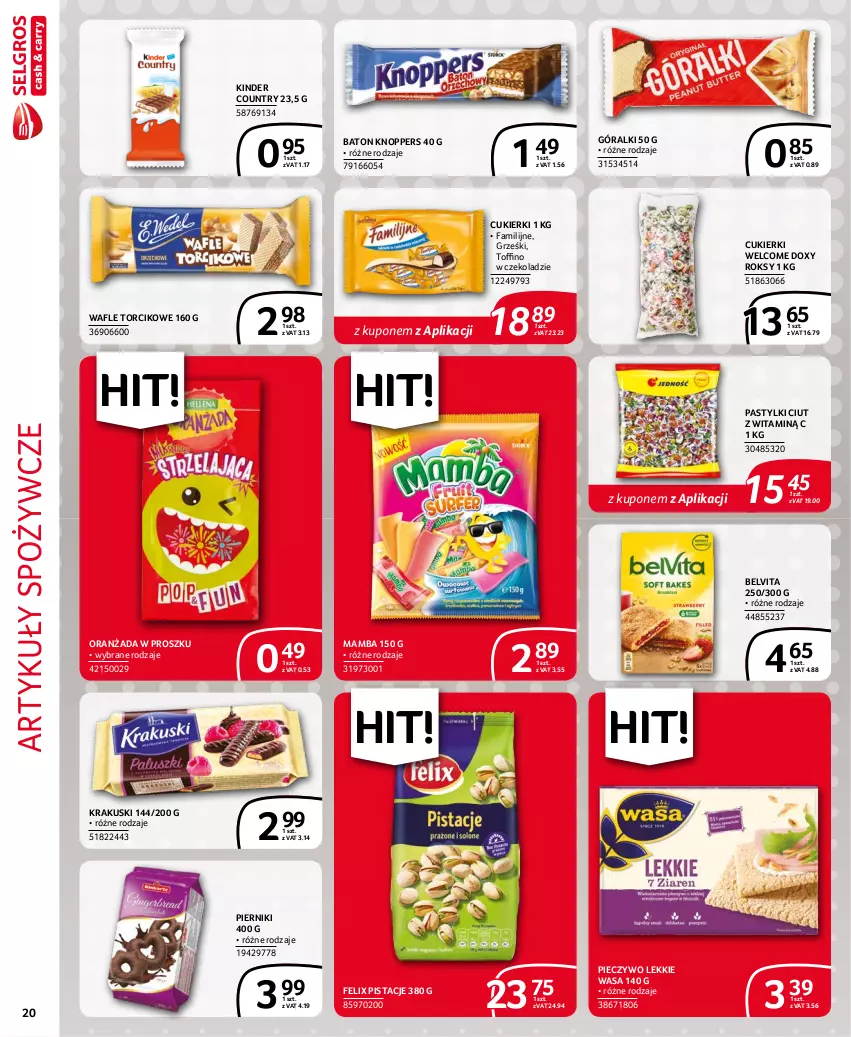 Gazetka promocyjna Selgros - Extra Oferta - ważna 01.09 do 30.09.2021 - strona 20 - produkty: Artykuły spożywcze, Baton, BelVita, Cukier, Cukierki, Fa, Felix, Góralki, Grześki, Kinder, Knoppers, Krakus, Krakuski, Mamba, Oranżada, Pastylki, Piec, Pieczywo, Piernik, Pistacje, Toffino, Wafle, Wasa