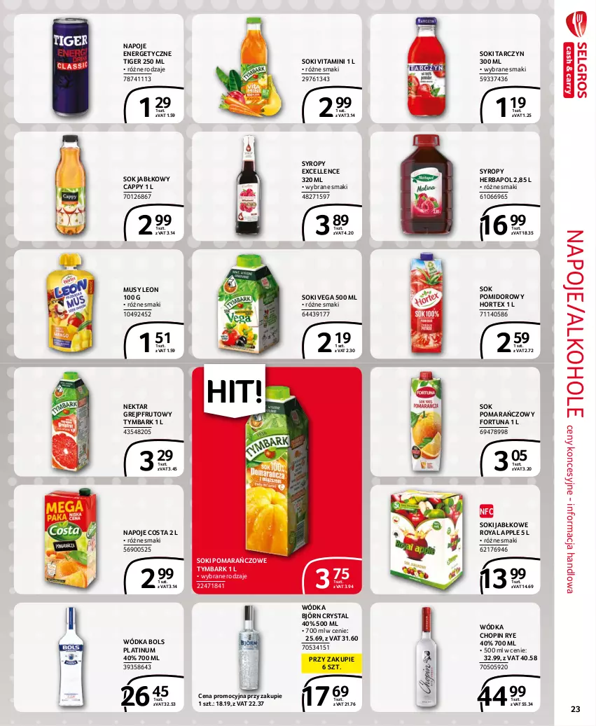 Gazetka promocyjna Selgros - Extra Oferta - ważna 01.09 do 30.09.2021 - strona 23 - produkty: Alkohole, Bols, Cappy, Fortuna, Grejpfrut, Herbapol, Hortex, Leon, Mus, Napoje, Nektar, Sok, Sok jabłkowy, Sok pomarańczowy, Sok pomidorowy, Syrop, Syropy, Tiger, Tymbark, Wódka