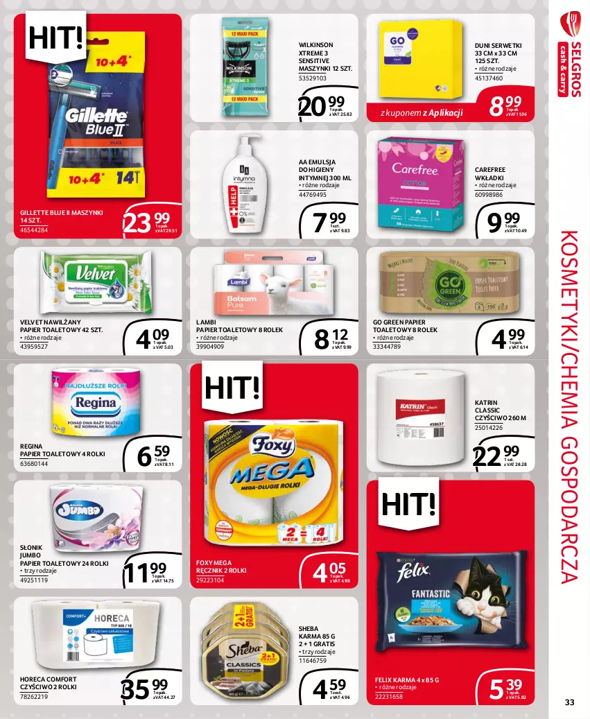 Gazetka promocyjna Selgros - Extra Oferta - ważna 01.09 do 30.09.2021 - strona 33 - produkty: Carefree, Emulsja, Felix, Foxy, Gillette, Gin, Gra, Nawilżany papier, Papier, Papier toaletowy, Ręcznik, Rolki, Ser, Serwetki, Sheba, Velvet, Wkładki