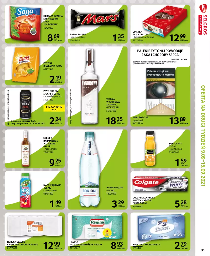 Gazetka promocyjna Selgros - Extra Oferta - ważna 01.09 do 30.09.2021 - strona 37 - produkty: Baton, Biszkopty, Cappy, Chusteczki, Ciastka, Colgate, Fa, Foxy, Gin, Herbata, Herbata czarna, Koc, Kokos, LG, Mars, Napoje, Okocim, Papier, Papier toaletowy, Piwo, Ręcznik, Rolki, Saga, Ser, Snickers, Sok, Syrop, Syropy, Woda, Wódka, Wyborowa