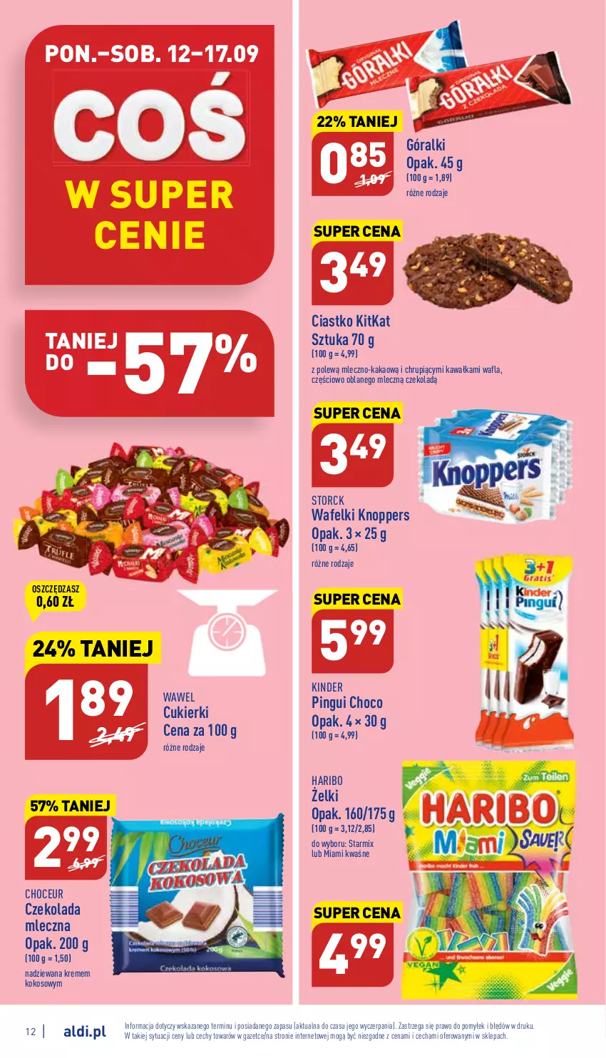 Gazetka promocyjna Aldi - Pełny katalog - ważna 12.09 do 17.09.2022 - strona 12 - produkty: Cukier, Cukierki, Czekolada, Czekolada mleczna, Góralki, Haribo, Kakao, Kawa, Kinder, Knoppers, Kokos, Wawel