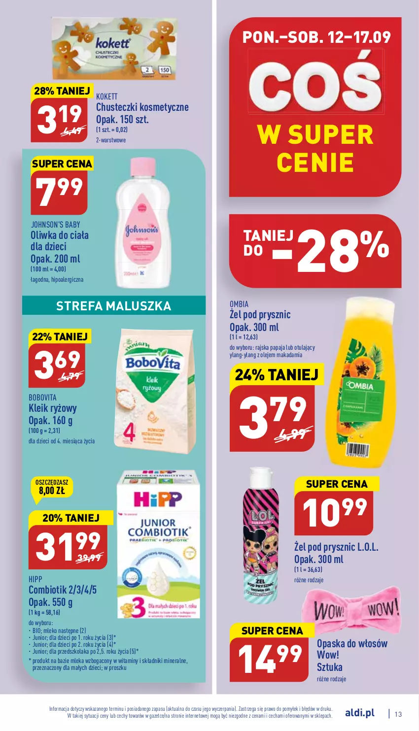 Gazetka promocyjna Aldi - Pełny katalog - ważna 12.09 do 17.09.2022 - strona 13 - produkty: Baby O, BoboVita, Chusteczki, Chusteczki kosmetyczne, Dzieci, Fa, HiPP, Johnson's, Johnson's Baby, L.O.L., Mleko, O nas, Olej, Opaska, Opaska do włosów, Papaja, Ryż