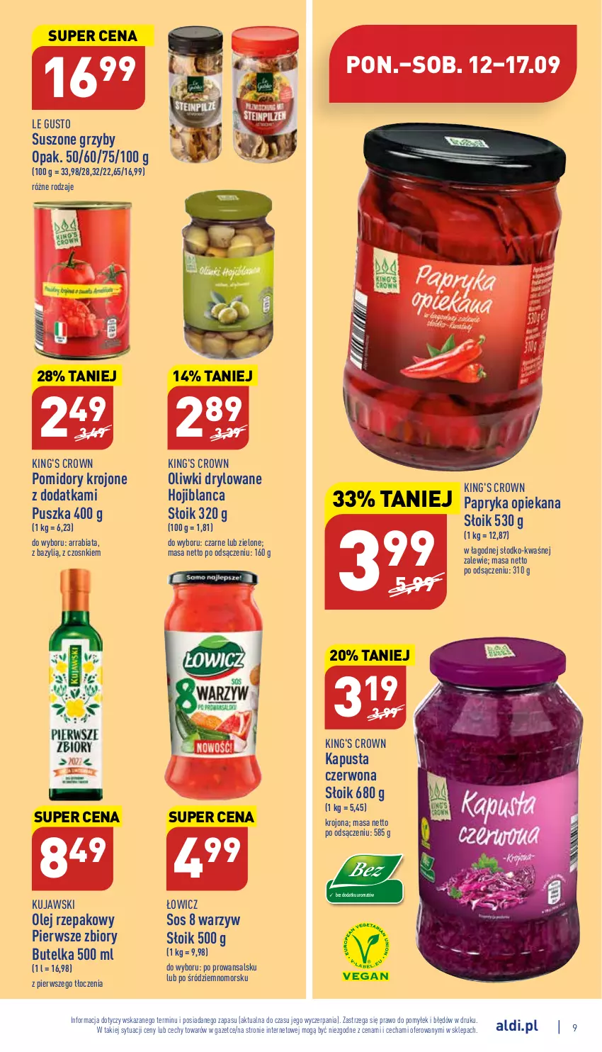 Gazetka promocyjna Aldi - Pełny katalog - ważna 12.09 do 17.09.2022 - strona 9 - produkty: Bazyl, Grzyby, Kujawski, Olej, Olej rzepakowy, Oliwki, Papryka, Pomidory, Pomidory krojone, Sos