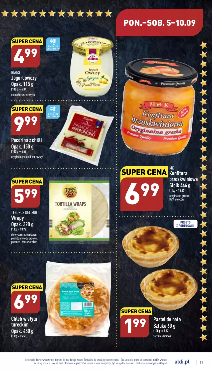 Gazetka promocyjna Aldi - Katalog spożywczy - ważna 05.09 do 10.09.2022 - strona 17 - produkty: Bazyl, Chleb, Gin, Jogurt, Konfitura, Pecorino, Por, Ser, Ser owczy, Tarta